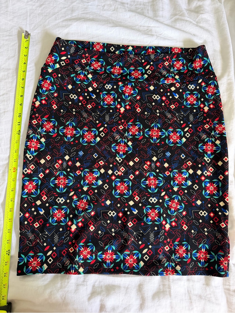 LuLaRoe Black Pencil Skirt with Red, Teal & White Geo Floral Pattern